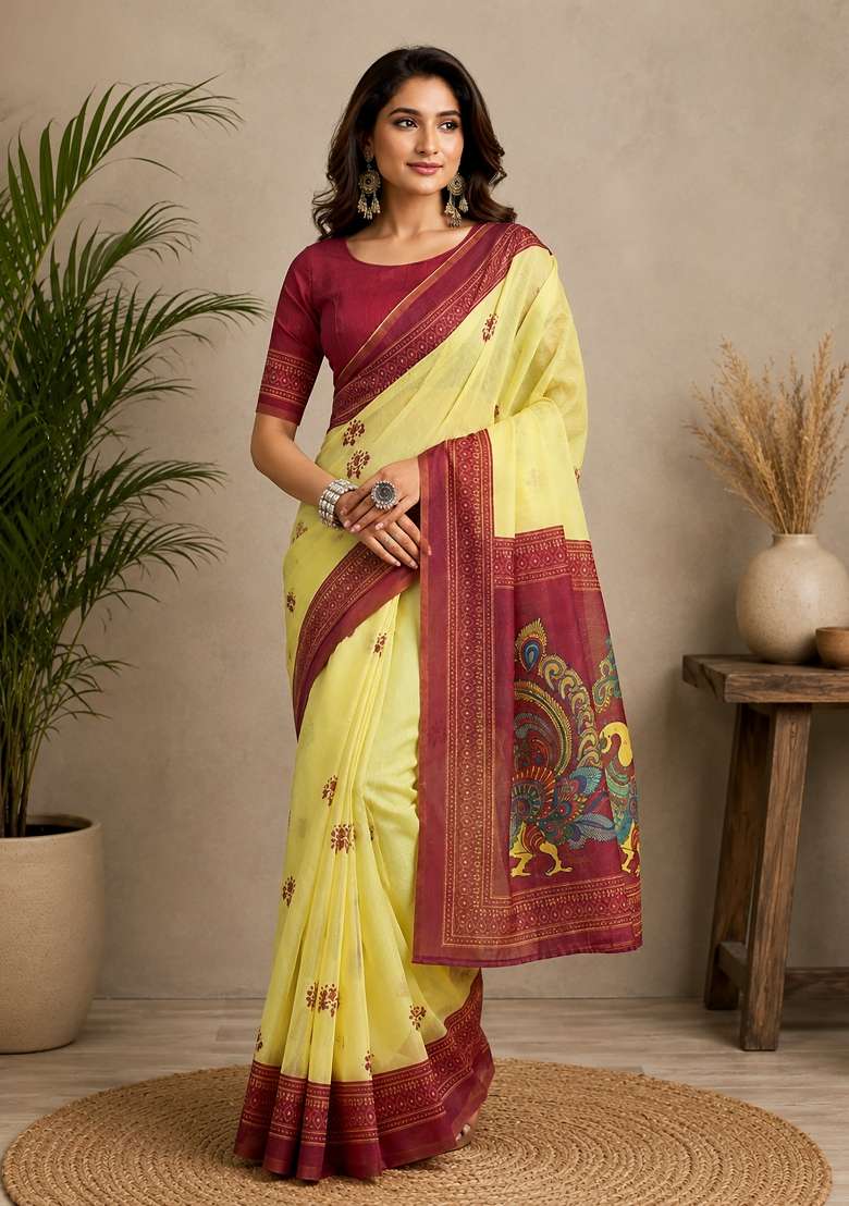 Yellow And Maroon Bomkei Chanderi Saree Set for Diwali | Wedding & Festive Wear - Indya