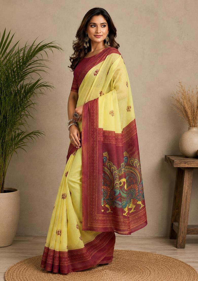 Yellow And Maroon Bomkei Chanderi Saree Set - Indya