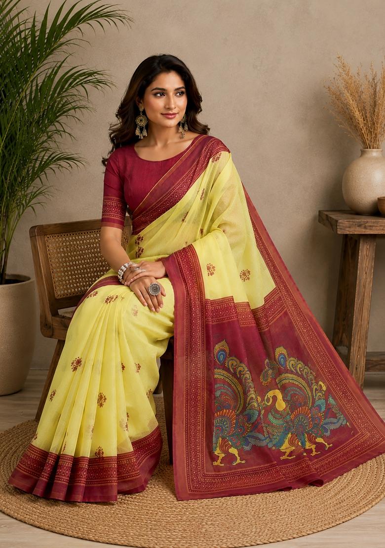 Yellow And Maroon Bomkei Chanderi Saree Set - Indya