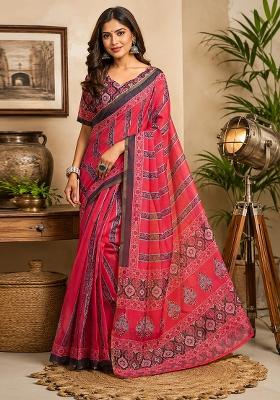 Pink Printed Chanderi Saree Set