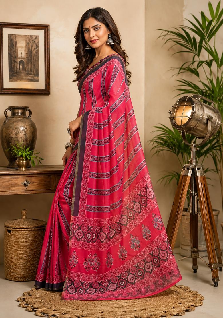 Pink Printed Chanderi Saree Set - Indya