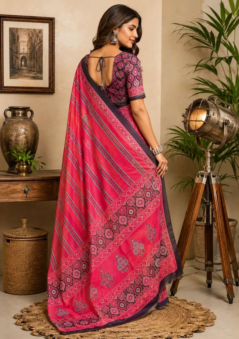 Pink Printed Chanderi Saree Set for Diwali and Festive Wear - Indya