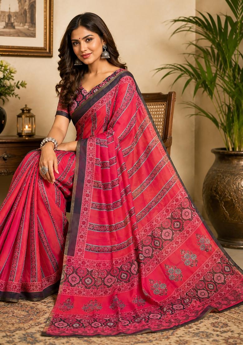 Pink Printed Chanderi Saree Set - Indya