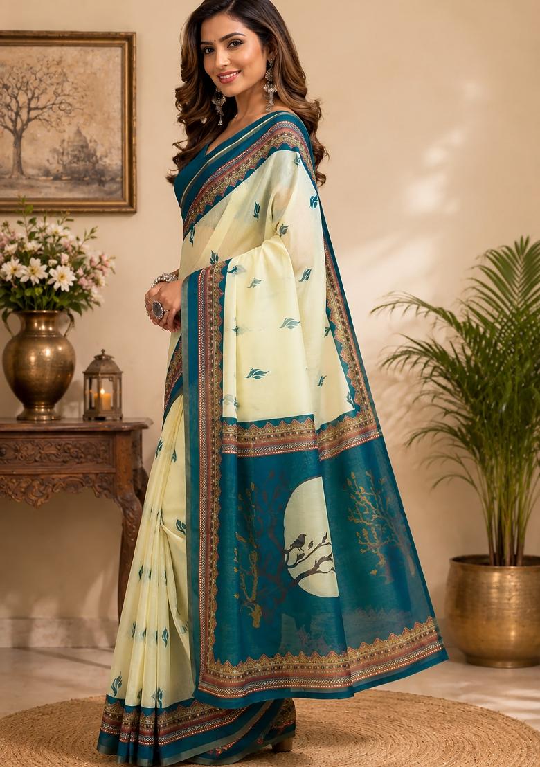 Cream Printed Chanderi Saree Set - Indya