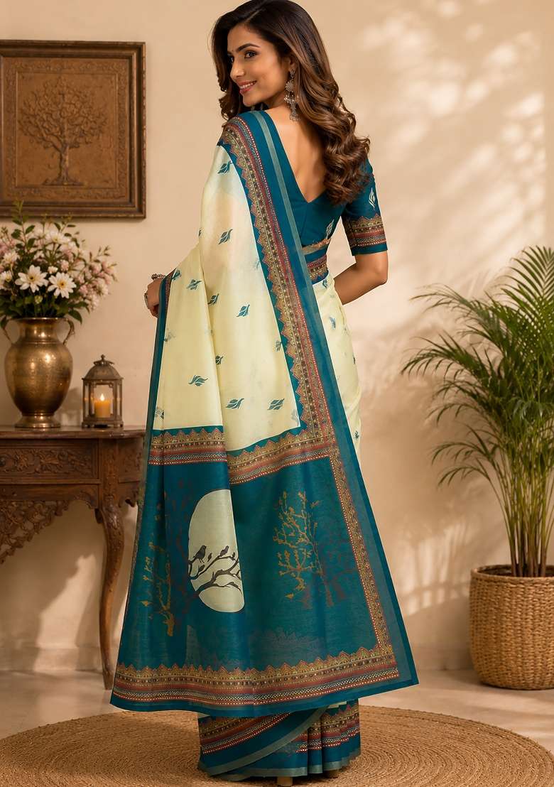 Cream Chanderi Saree Set with Printed for Diwali | Wedding & Festive Wear - Indya