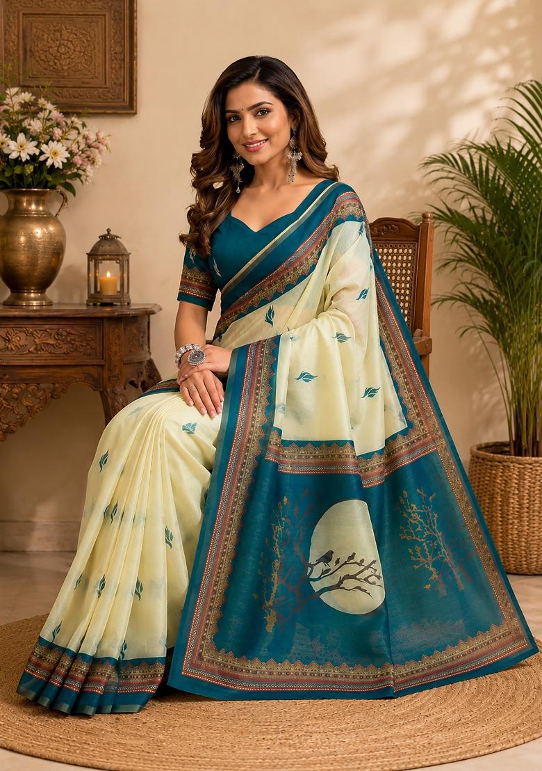 Cream Printed Chanderi Saree Set - Indya