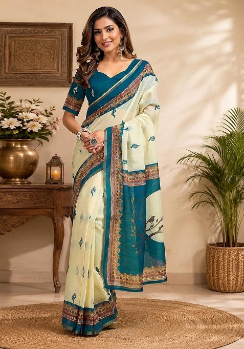 Cream Printed Chanderi Saree Set