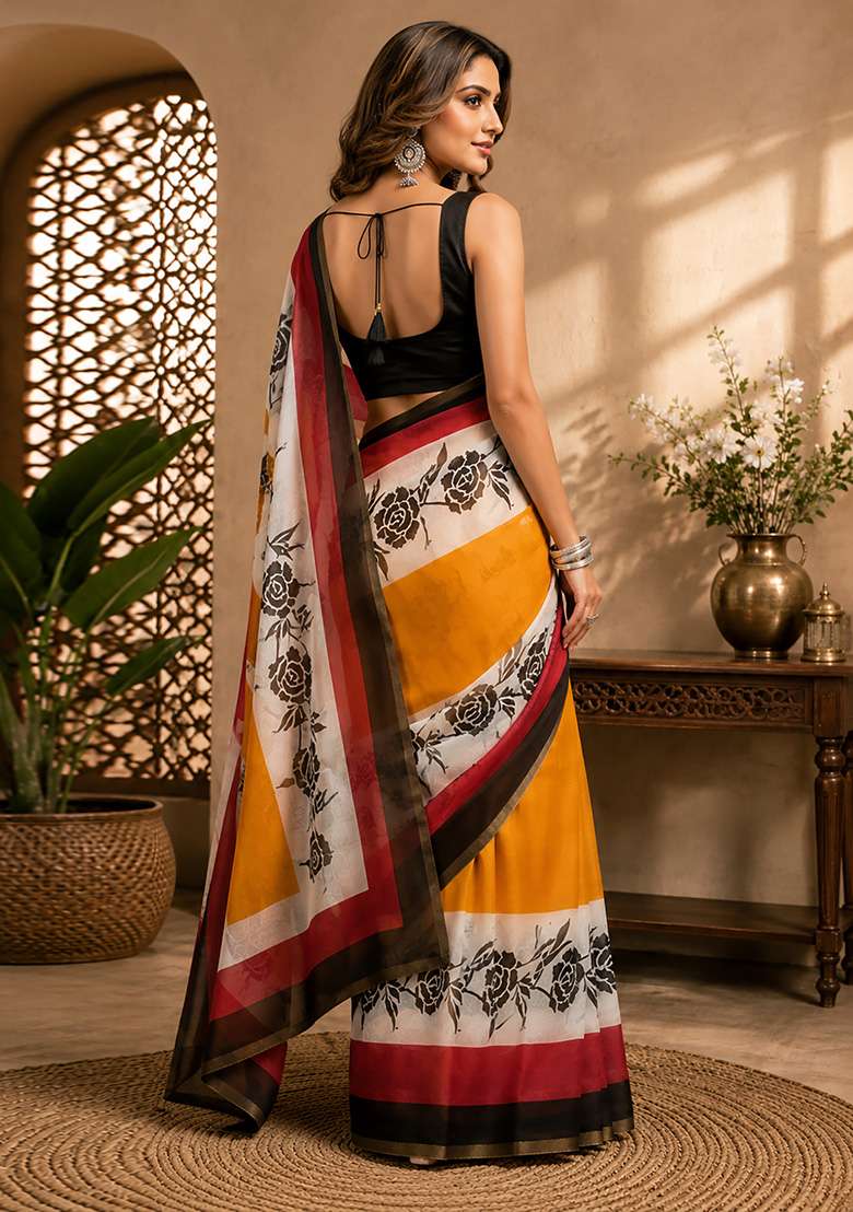 Multicolor Chanderi Saree Set with Floral Print for Diwali | Wedding & Festive Wear - Indya