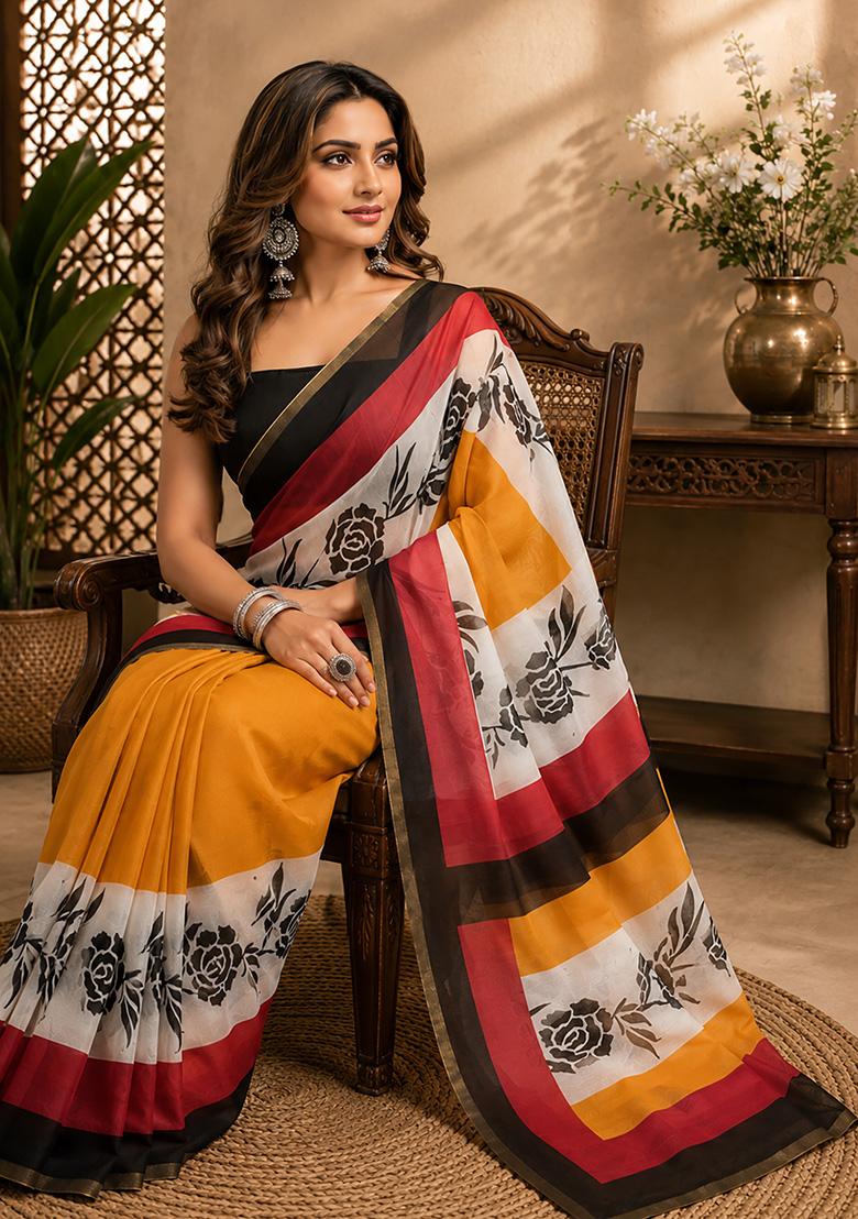 Multicolor Floral Print Chanderi Saree Set - Indya