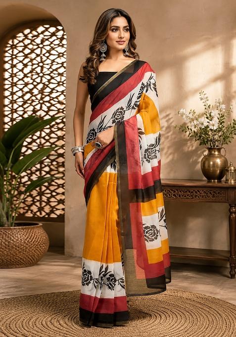 Multicolor Floral Print Chanderi Saree Set