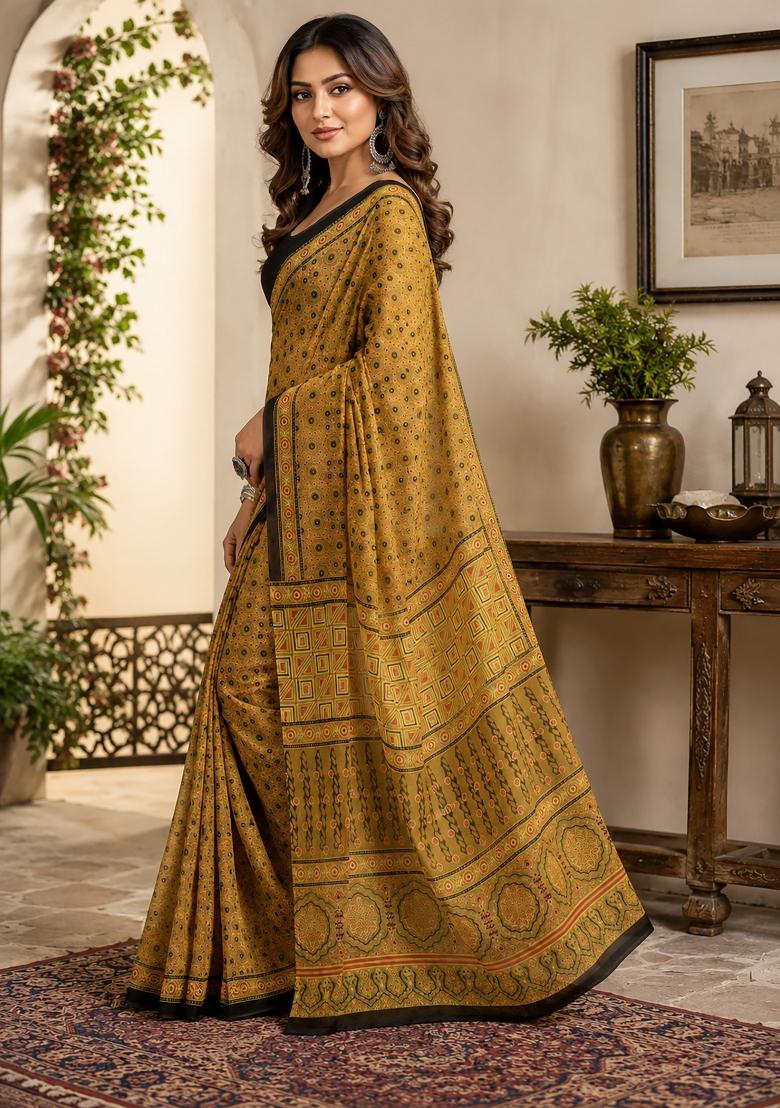 Mustard Kalamkari Chanderi Saree Set - Indya