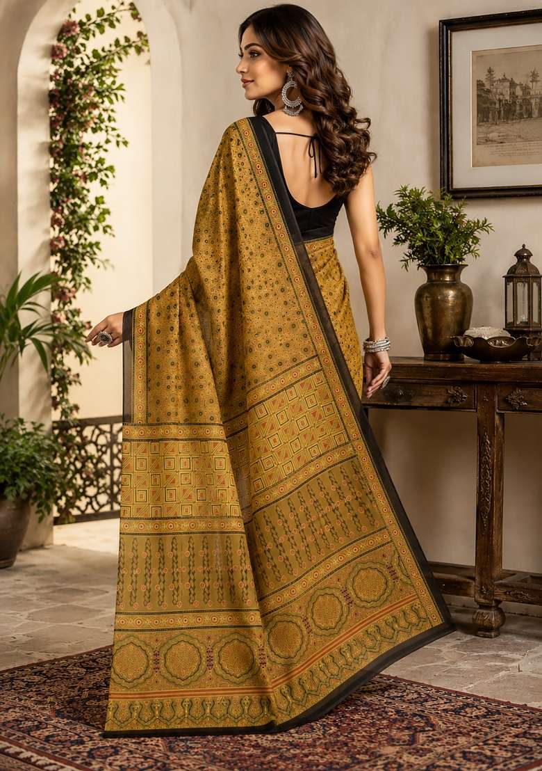 Mustard Kalamkari Chanderi Saree Set for Diwali | Wedding & Festive Wear - Indya