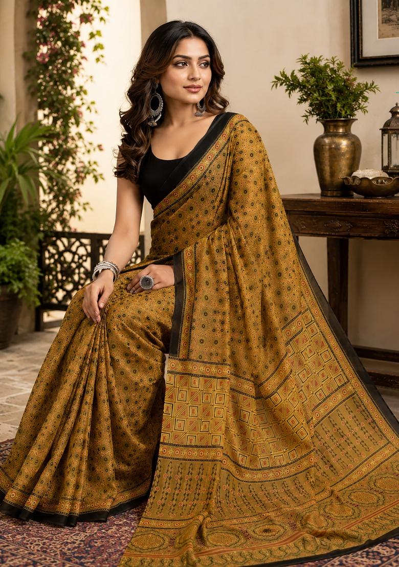 Mustard Kalamkari Chanderi Saree Set - Indya