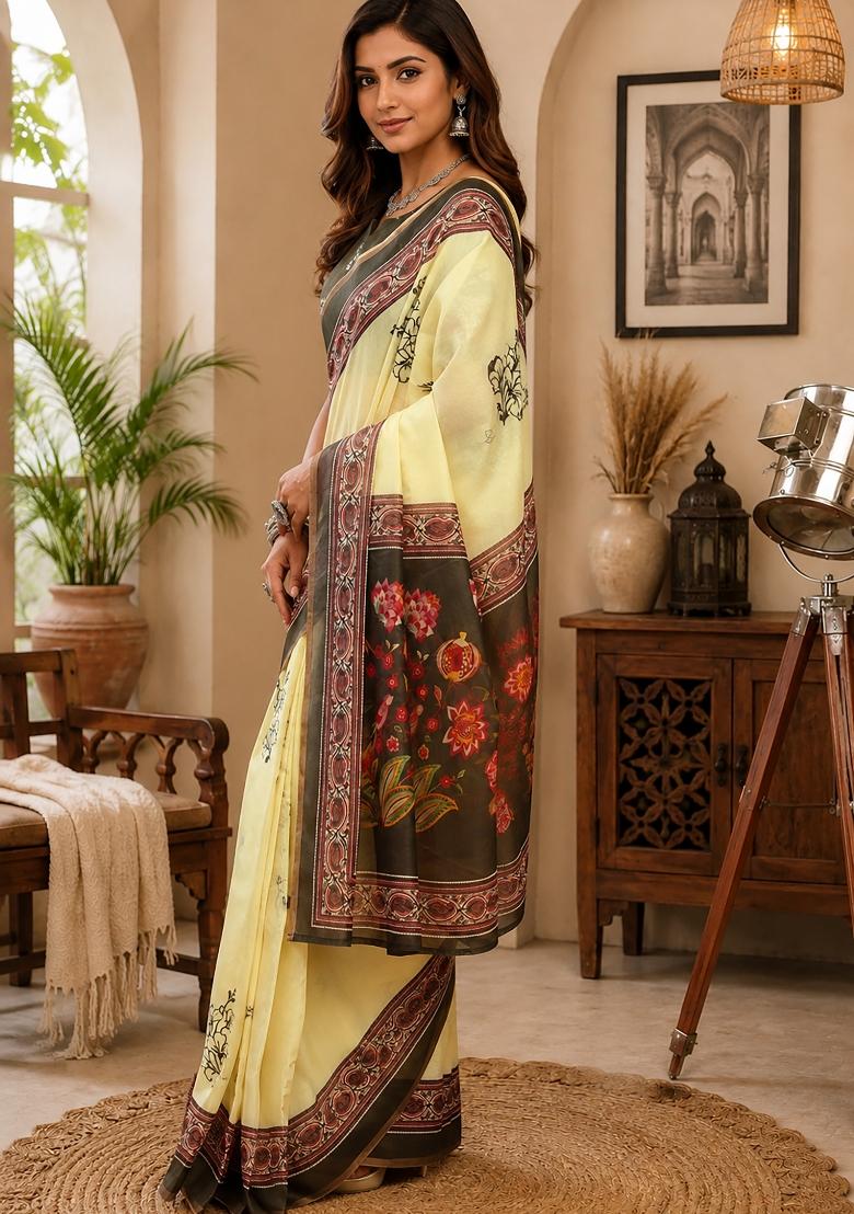 Cream Printed Chanderi Saree Set - Indya