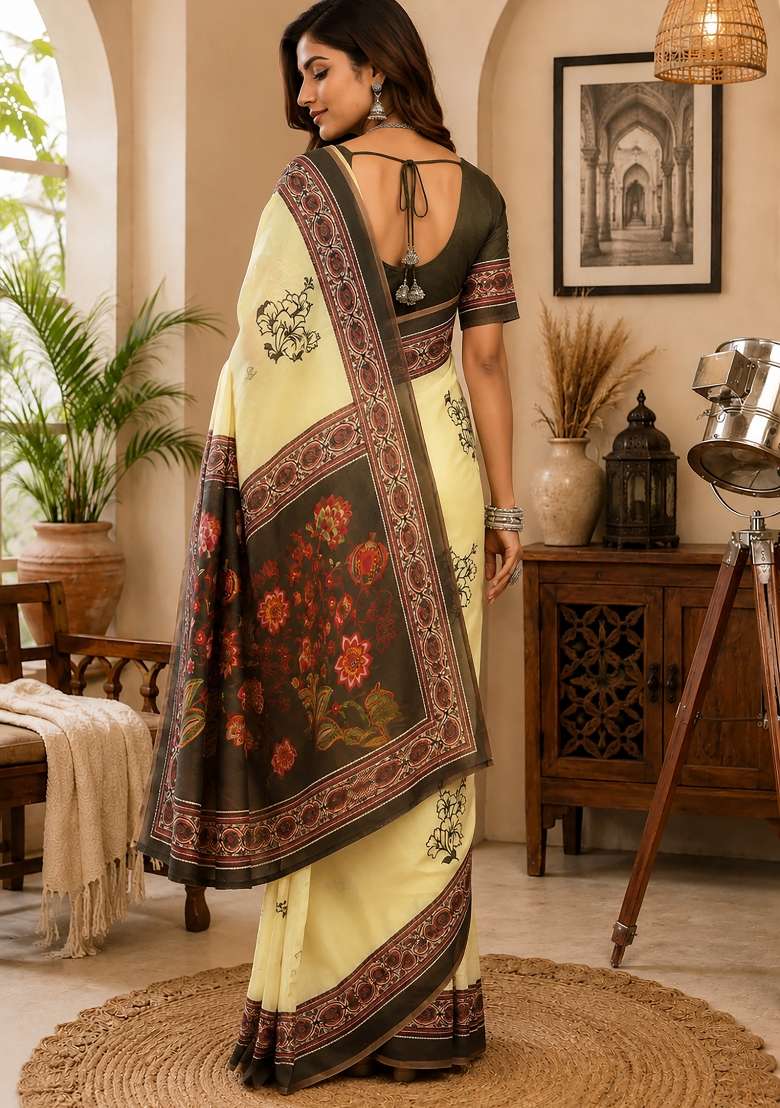 Cream Chanderi Saree Set with Printed for Diwali | Wedding & Festive Wear - Indya