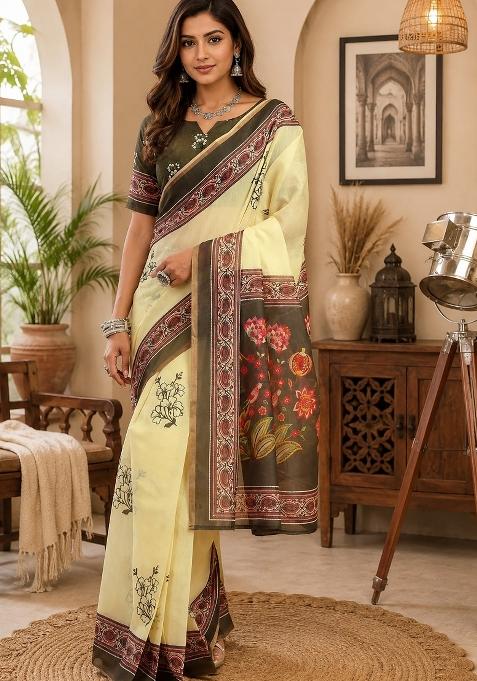Cream Printed Chanderi Saree Set