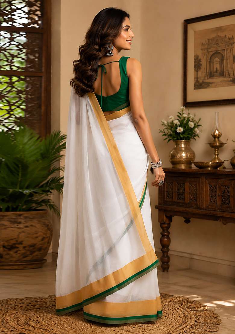 White Kerala Kasavu Chanderi Saree Set for Diwali and Festive Wear - Indya