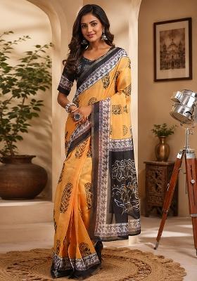 Mustard Printed Chanderi Saree Set