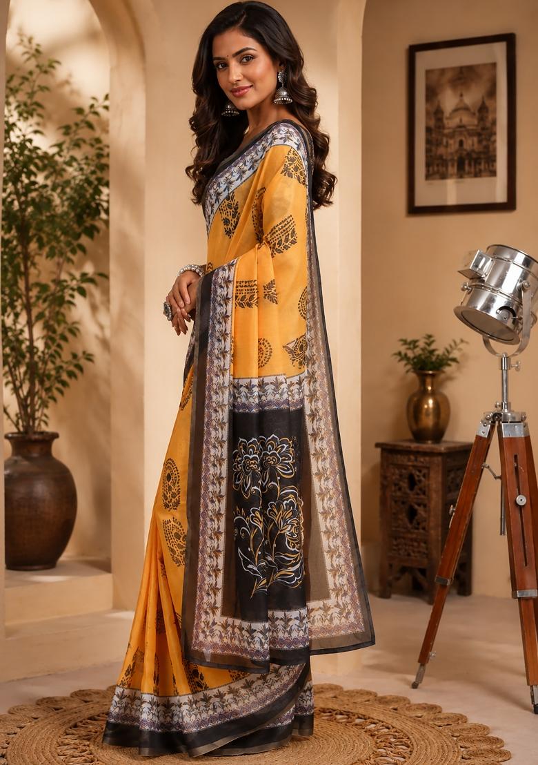 Mustard Printed Chanderi Saree Set - Indya