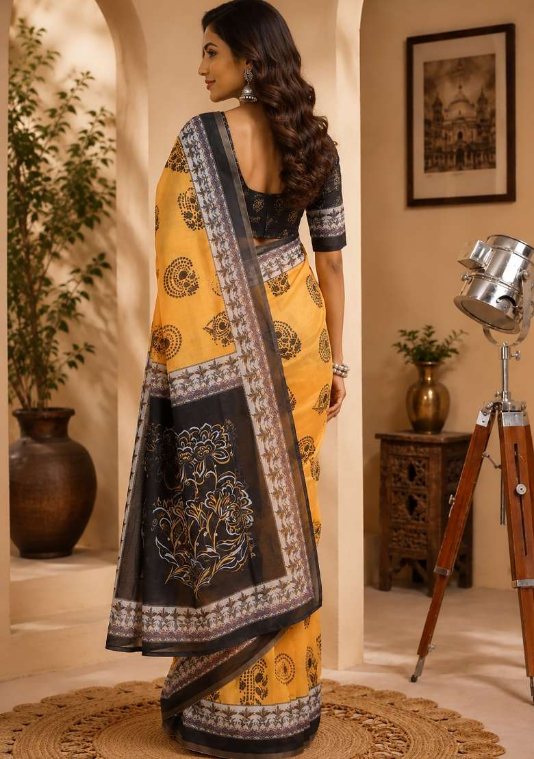 Mustard Printed Chanderi Saree Set for Diwali and Festive Wear - Indya