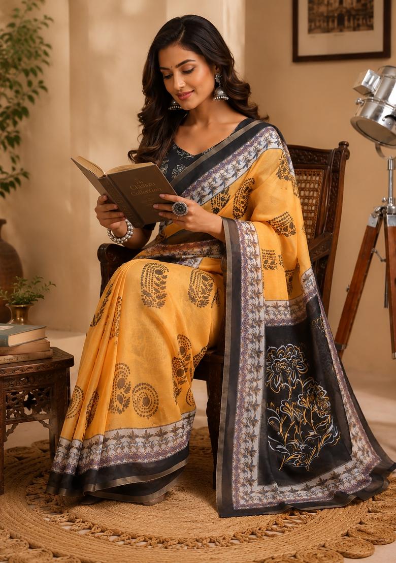 Mustard Printed Chanderi Saree Set - Indya