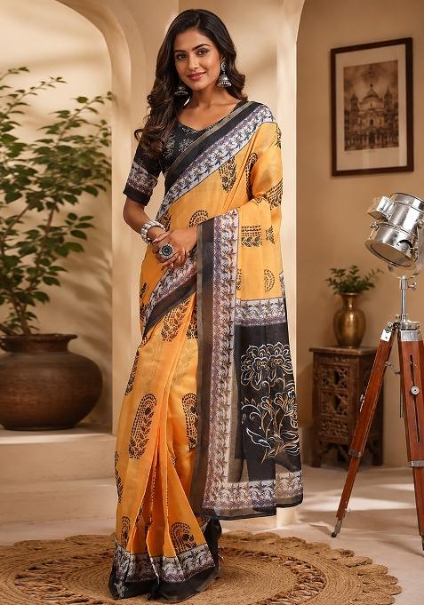 Mustard Printed Chanderi Saree Set