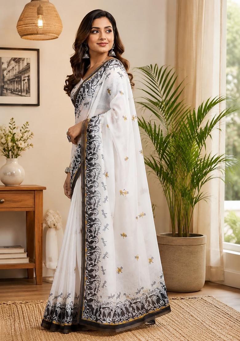 White Printed Chanderi Saree Set - Indya