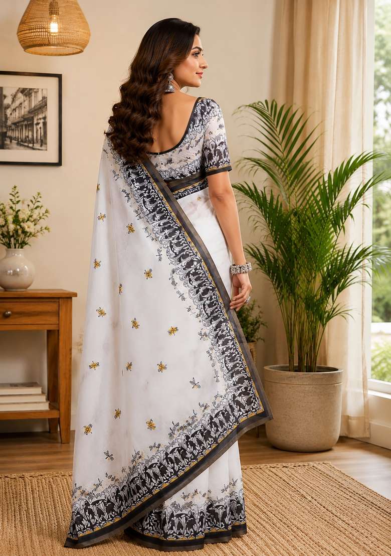 White Printed Chanderi Saree Set for Diwali and Festive Wear - Indya