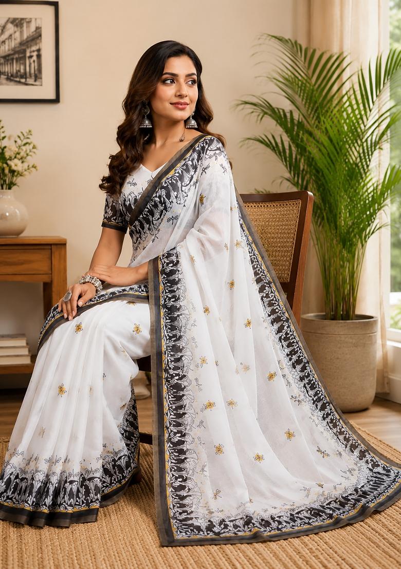 White Printed Chanderi Saree Set - Indya