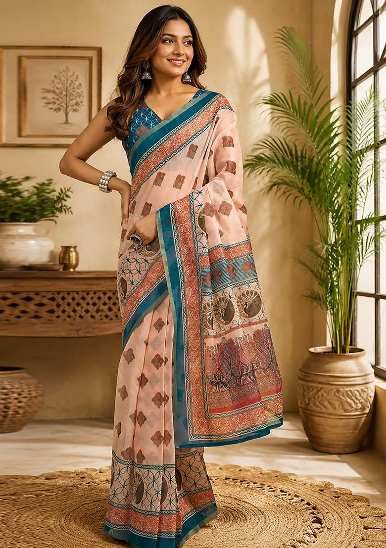 Peach Floral Print Chanderi Saree Set for Diwali and Festive Wear - Indya