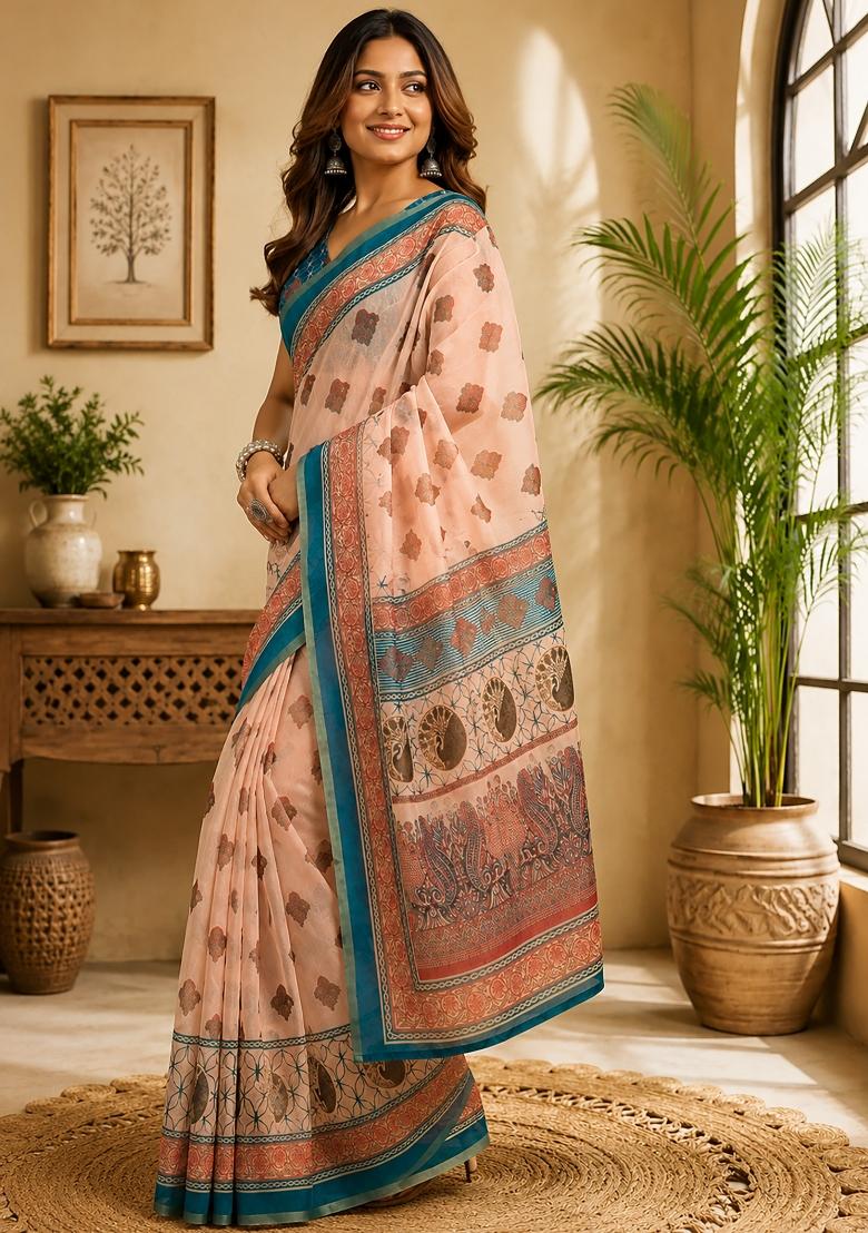 Peach Floral Print Chanderi Saree Set - Indya