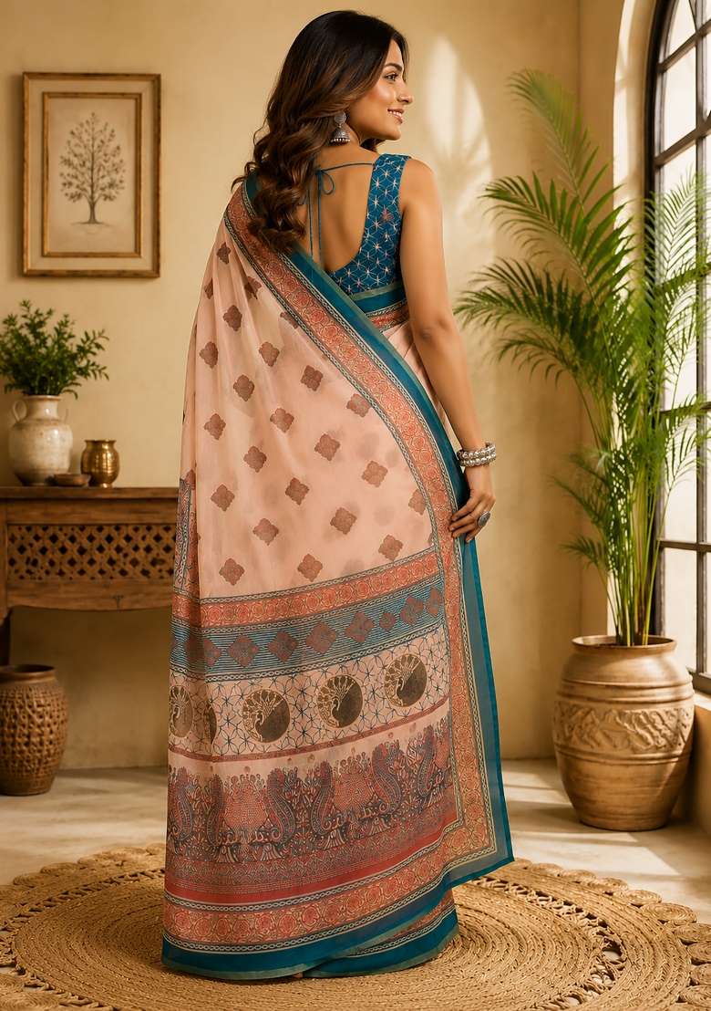 Peach Floral Print Chanderi Saree Set for Diwali and Festive Wear - Indya