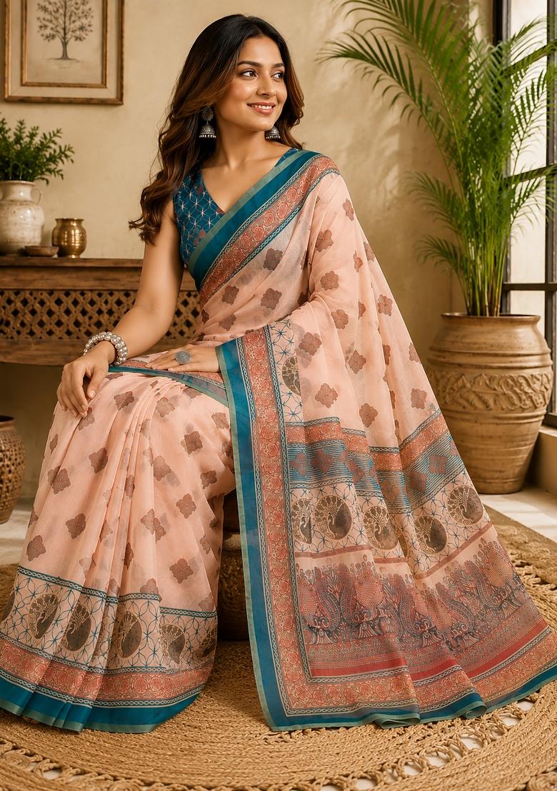 Peach Floral Print Chanderi Saree Set - Indya