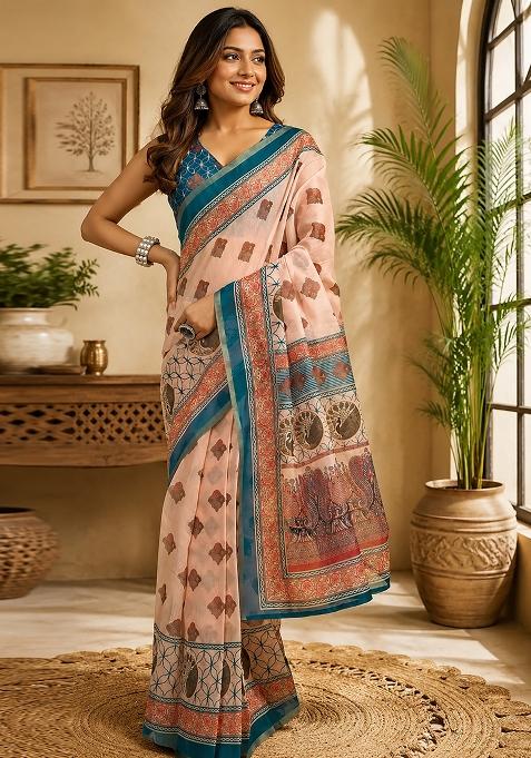 Peach Floral Print Chanderi Saree Set