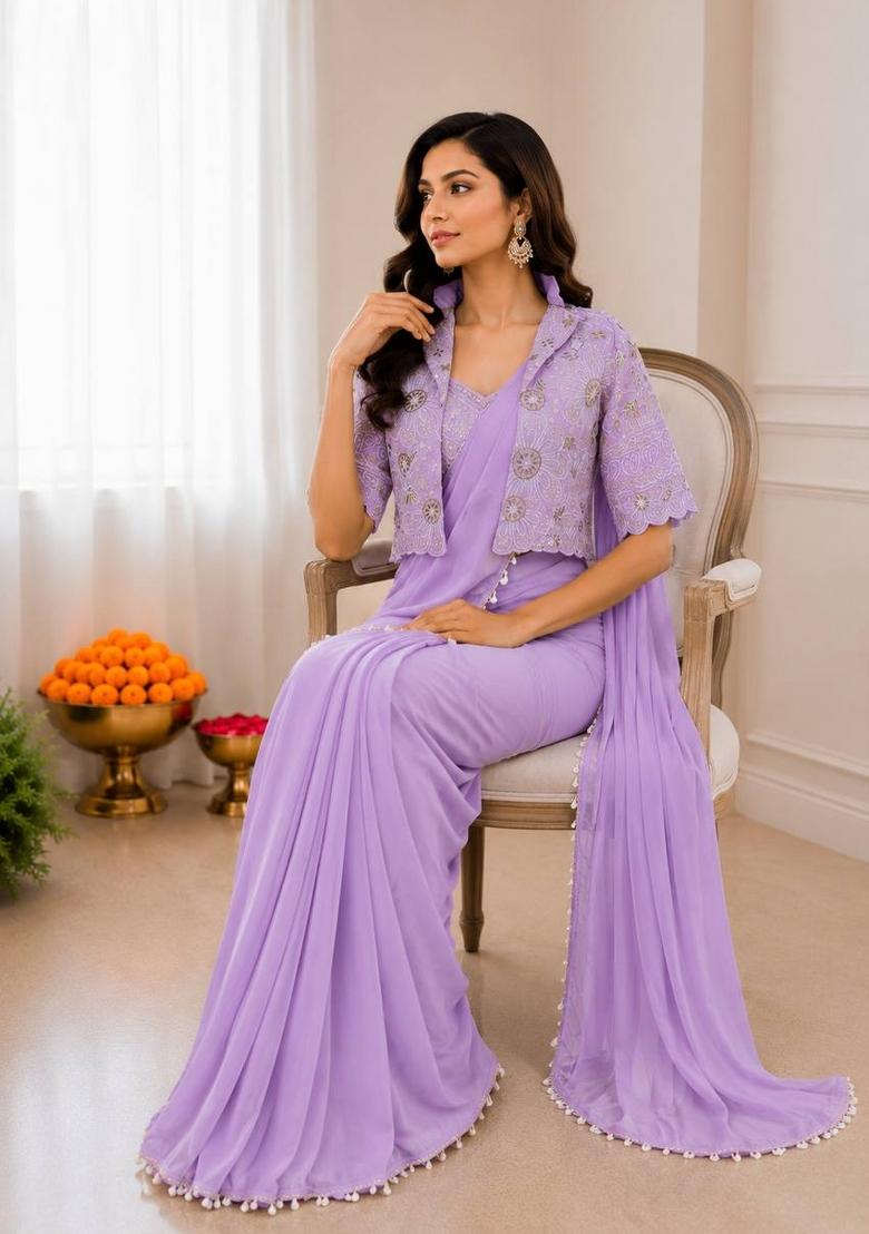 Lavender Embroidered Silk Blend Saree Set - Indya