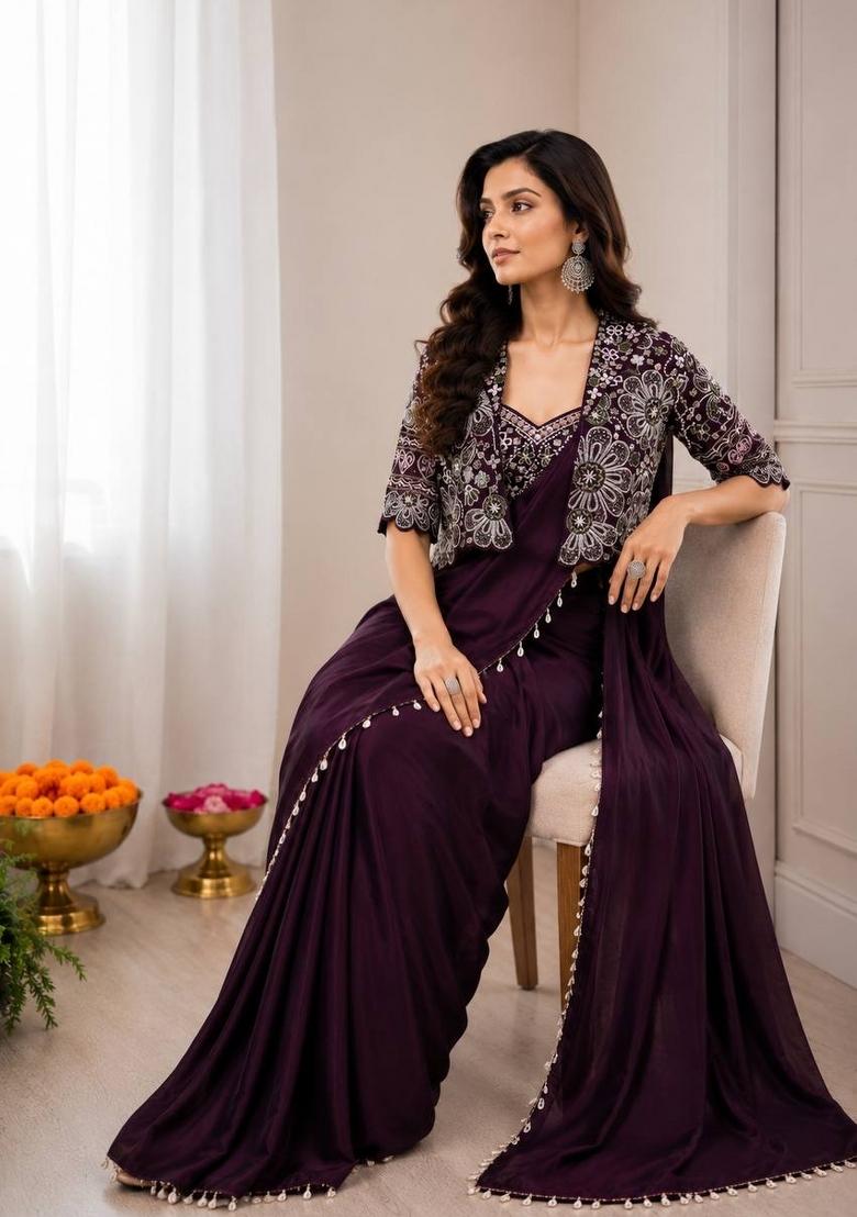Maroon Embroidered Silk Blend Saree Set - Indya
