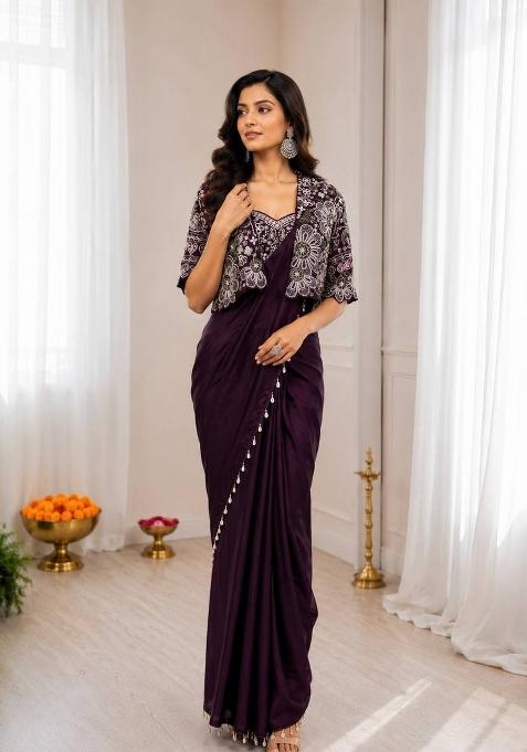 Maroon Embroidered Silk Blend Saree Set