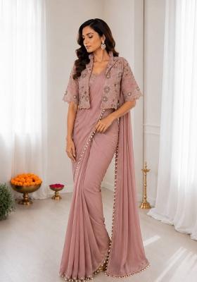 Peach Embroidered Silk Blend Saree Set