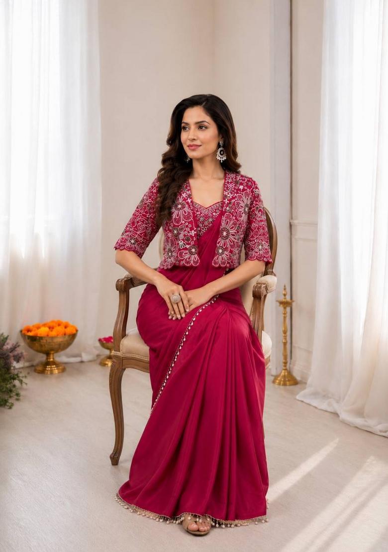 Red Embroidered Silk Blend Saree Set - Indya
