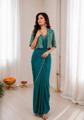 Teal Embroidered Silk Blend Saree Set