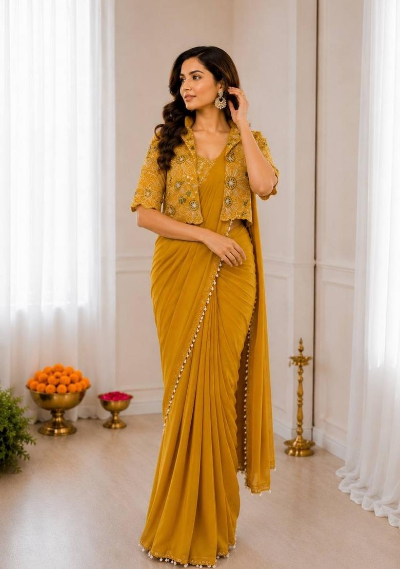Yellow Embroidered Silk Blend Saree Set - Indya