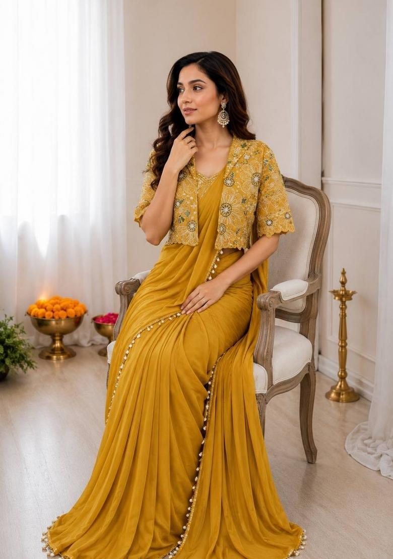 Yellow Embroidered Silk Blend Saree Set - Indya