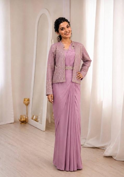 Lavender Embroidered Silk Saree Set