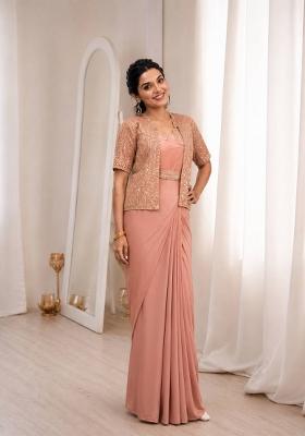 Peach Embroidered Silk Blend Saree Set