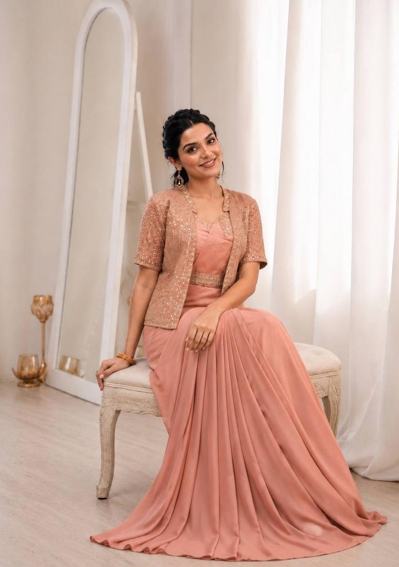 Peach Embroidered Silk Blend Saree Set - Indya