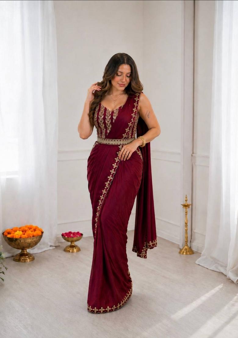 Maroon Embroidered Silk Blend Saree Set - Indya
