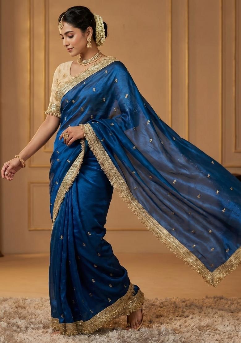 Blue Sequin Work Fandi Saree Set - Indya