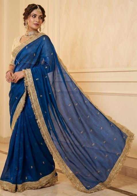 Blue Sequin Work Fandi Saree Set