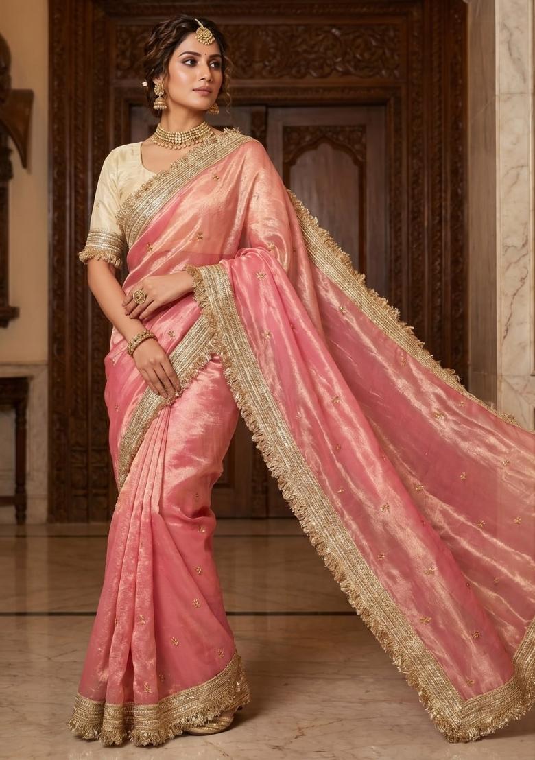 Light Pink Sequin Work Fandi Saree Set - Indya