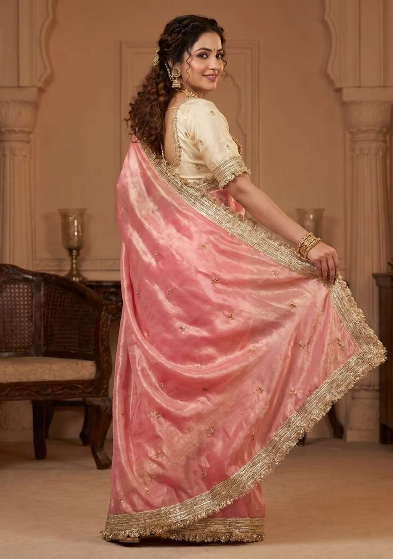 Light Pink Sequin Work Fandi Saree Set - Indya